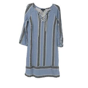 Tribal Femme Dress Bohemian Embroidered Beach Blue Size S 3/4 Sleeve Pocket Boho